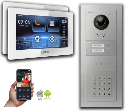 Goliath Intercom Video-Türsprechanlage für 2-Familienhäuser mit Zahlencode - Moderne 2-Draht BUS-Video-Türsprechanlage für Mehrfamilienhäuser. Mit 2 Monitoren, klarer HD-Videoqualität und sicherer Zugangskontrolle über Zahlencode. Ideal für Zuhause oder Gewerbe.