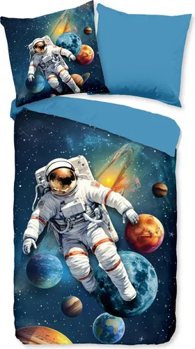 JACK Mikrofaser Bettwäsche 2 tlg. Astronaut Weltenreiser 135x200cm - Bettwäschegarnitur im Weltraumdesign, ideal für Kinder und Allergiker. Weich, pflegeleicht und mit praktischem Reißverschluss für einfaches Beziehen. Entdecke die Welt der Planeten und Sterne!