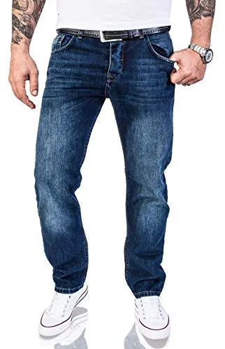 Rock Creek Herren Jeans Hose Regular Fit Jeans Herrenjeans Herrenhose Denim Stonewashed Basic Raw Straight Cut Jeans RC-2140 Dunkelblau W44 L36