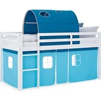 Homestyle4u Kinder Hochbett 90x200 mit Tunnel und Vorhang in Blau - Massivholz Kinderbett mit flexiblem Platz unter der Liegefläche und wechselseitig montierbarer Leiter. Der Stofftunnel sorgt für Geborgenheit und modernem Design.