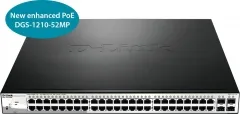 D-Link DGS-1210-52MP Smart+ Managed Switch - Smart+ Switch mit 48x Gigabit Ethernet PoE+ und 4x GbE/SFP, bietet hohe Switchkapazität von 104 Gbit/s und D-Link Green Technologie für energieeffizienten Betrieb.