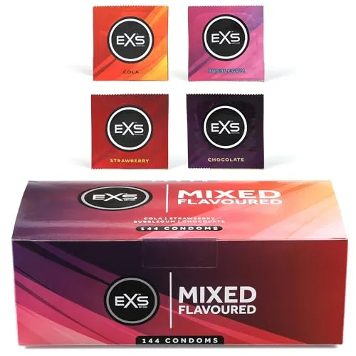 EXS Mixed Flavoured 144 Stk. Aromatisierte Kondome - Empfängnisverhütung mit 144 aromatisierten Kondomen, geschmiert für mehr Komfort und mit verschiedenen Geschmäckern, ideal für abwechslungsreiche Momente.
