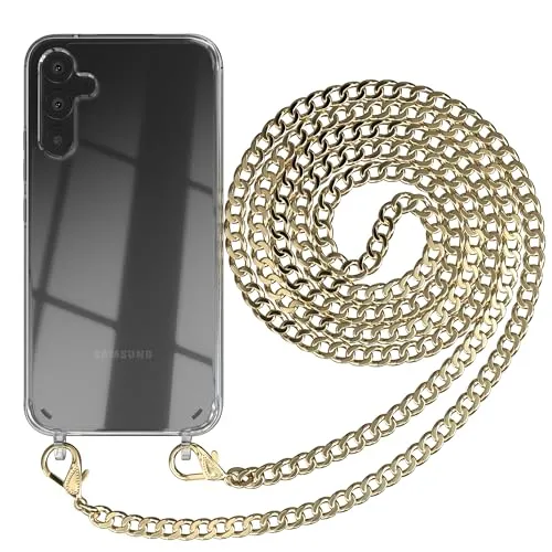 EAZY CASE Handykette kompatibel mit Galaxy A34 Handyhülle mit Metall Umhängeband und Ersatz Kordel schwarz, Handykordel mit Schutzhülle, Stylische Kette, Metall - Gold