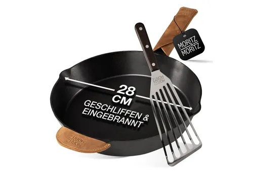 Moritz & Moritz Bratpfanne Gusseisenpfanne 28cm - Pfannen für alle Herdarten, inklusive Induktion. Perfekte Bratergebnisse dank exzellenter Wärmespeicherung und langlebigem Gusseisen. Ideal für vielseitiges Kochen von Steaks bis Pizza!