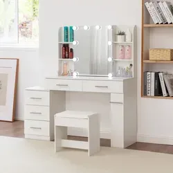 Schminktisch mit LED-Beleuchtung mit Hocker Spiegel Schublade und Fächern Frisiertisch Kosmetiktisch Kommode - Weiß