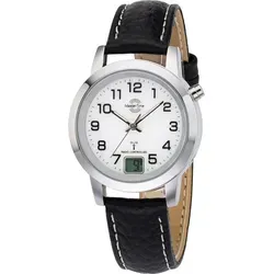Master Time MTLA-10295-12L Funk Damenuhr - Schwarz/Weiß 34mm - Damenuhr mit analog-digitaler Anzeige, ewigen Kalender und wasserdicht bis 3ATM. Elegantes Design mit schwarzem Lederarmband und silbernem Metallgehäuse.
