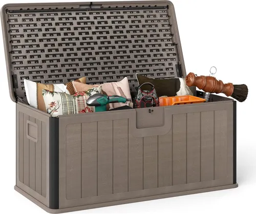 GOPLUS 378 L Gartenbox, Auflagenbox wasserdicht, Kissenbox mit abschließbarem Deckel & Griff, Gartentruhe für Terrasse, Poolzubehör (Braun)