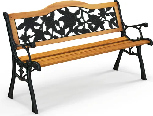 COSTWAY Wetterfeste Gartenbank, 2-Sitzer mit Armlehnen und Rückenlehne - Robuste Gartenbank für bis zu 3 Personen, gefertigt aus hochwertigem Holz und stabilem Gussmetall. Ideal für entspannte Stunden im Freien, mit elegantem Design und einfacher Montage.