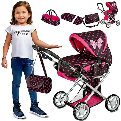 Kinderplay Puppenwagen 3 in 1 - Höhenverstellbar und waschbar - Puppenwagen für Kinder ab 1 Jahr, mit herausnehmbarer Tragetasche und höhenverstellbarem Griff von 34,5 cm bis 64 cm, ideal für kleine Puppenliebhaber.