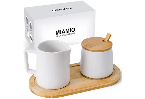 MiaMio Milch- und Zuckerset mit Deckel, Löffel & Milchkännchen - Milch- & Zucker-Sets, elegantes Design aus hochwertiger Keramik, mikrowellen- und spülmaschinenfest, ideal für stilvolles Servieren von Kaffee oder Tee.