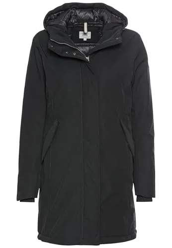 camel active Damen Funktionsmantel mit Kapuze Schwarz - Funktionsjacke, wasserabweisend und winddicht, ideal für aktive Frauen, mit praktischen Seitentaschen und verstellbarer Kapuze für optimalen Tragekomfort.