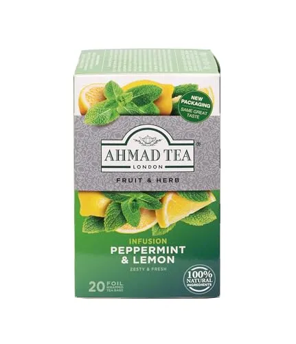 Ahmad Tea - Peppermint & Lemon - Früchte- und Kräutertee ohne Koffein - Pfefferminze und Zitrone - Einzeln Verpackte, Aromaversiegelte Teebeutel mit 2g Tee pro Portion - 20 Teebeutel mit Band
