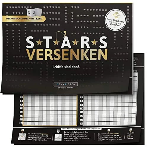 DENKRIESEN – Stars VERSENKEN | Schiffe versenken Familienspiel & Partyspiel ab 8 Jahren | 2 Spieler | DIN-A5 Spielblock mit 80 Blatt | Anti-Schummel Aufsteller | Strategiespiel & Reisespiel