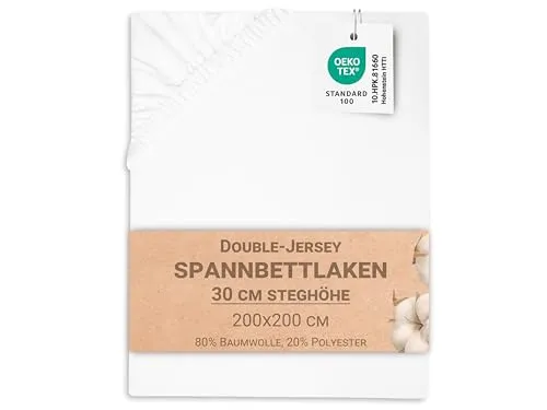 ZOLLNER Spannbettlaken 200x200 cm - Hotelqualität mit Gummibund - Spannbetttuch für Matratzen bis 30 cm, aus 80% Baumwolle und 20% Polyester, atmungsaktiv und bis 95°C waschbar - ideal für Komfort und Pflegeleichtigkeit.