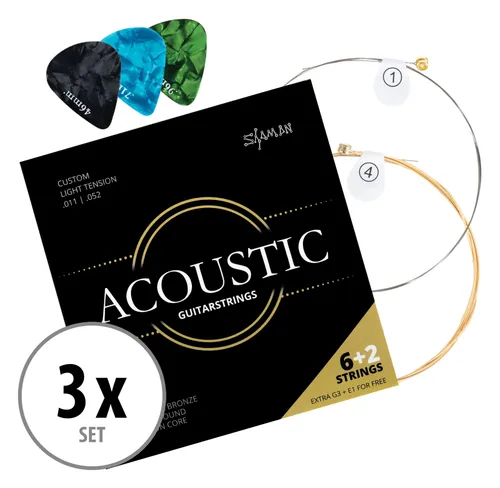 Shaman Acoustic Saiten für Western-Gitarre inkl. 2 Ersatzsaiten und 3 Plektren 3x Set