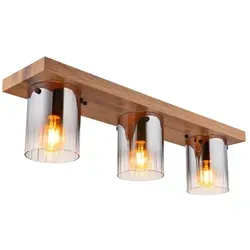 3-Flammige Deckenleuchte in Holzoptik und Rauchglas - Lampen für stilvolle Wohnräume, 3-flammig mit eleganter Holzoptik und rauchfarbenem Glas für eine gemütliche Atmosphäre.
