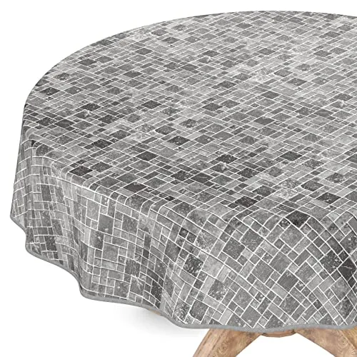 Wachstuchtischdecke Wachstuch Vinyl abwischbar Wachstischdecke Tischdecke Rund 140cm mit Saum Fliesen Anthrazit