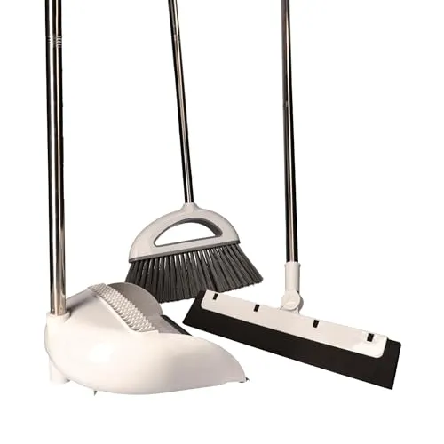 ToolSpace Besen und Kehrschaufel Set 3in1 Aufrecht Kehrmaschine Kehrschaufel Combo mit Wasserschaber Bodenschaber, Kehrset Kehrgarnitur, Kehrbesen mit Langem Stiel für Haus, Büro, Lobbykehr, Terrasse