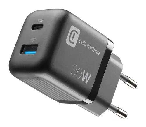 Cellularline USB Charger Multipower Micro 30W GaN 2 Ports PD - Kabel & Adapter, 2 Anschlüsse für schnelles Laden mit Power Delivery bis zu 30 W, robustes Design in elegantem Schwarz.