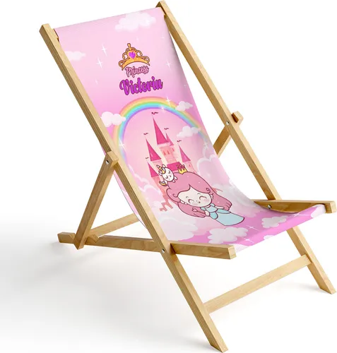 Kinder Holz-Liegestuhl Personalisierbar Klappbar Klappliegestuhl Sonnenliege Strandstuhl Wechselbezug Motiv Prinzessin [119]