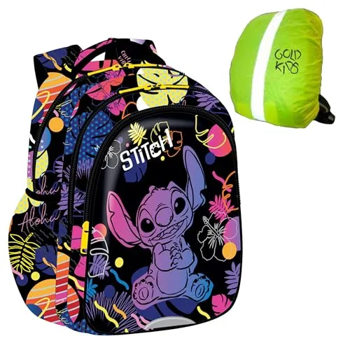 Goldkids Schulrucksack für Kinder - Ergonomischer Rucksack mit Stitch Motiv und Regenschutz - Stylischer Rucksack mit ergonomischem Design, ideal für Schule und Alltag. Hoher Tragekomfort dank gepolsterter Gurte und verstärktem Boden, perfekt für aktive Kinder.