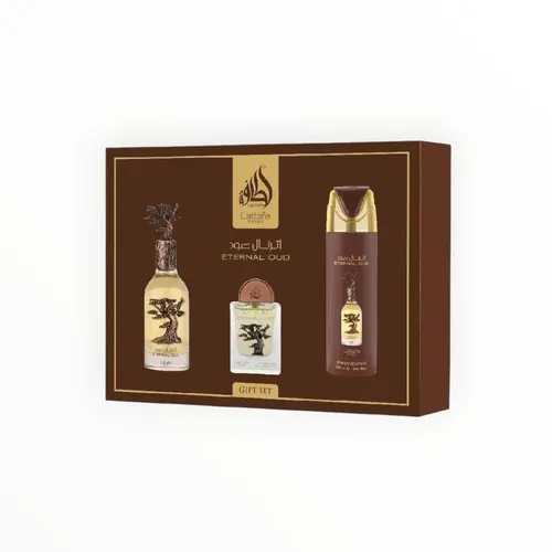 Lattafa Pride Eternal Oud Giftset - Eau de Parfum Geschenkset mit 100 ml Eau de Parfum, 20 ml Miniatur und 200 ml Deodorant. Perfekte Mischung aus fruchtigen, floralen und holzigen Noten für langanhaltenden Duft und elegantes Design.
