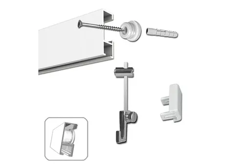 Galerieschiene 2m Komplettset in Silber Matt - Befestigungen für Bilder: Praktisches Komplettset mit allem Zubehör für eine einfache und flexible Bilderaufhängung.