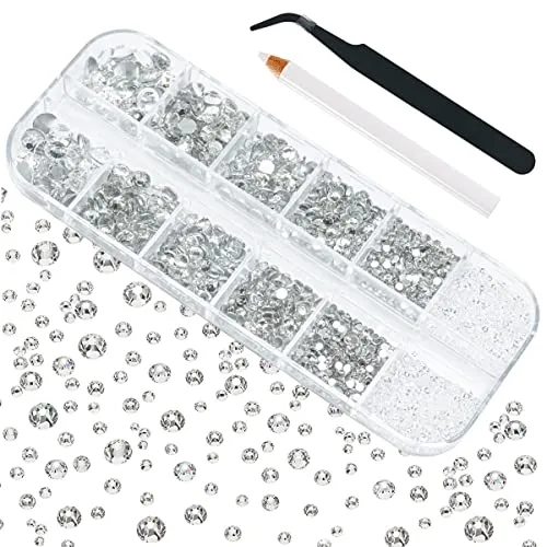 4010Pcs Kristall Weiß Glitzersteine Strasssteine Nägel, 6-Größen (1.6-6mm) zu SS30 K9 Glas Runde Nagel Steinchen Glitzer Steine Rhinestones Nailart nageldesign Nagel Charms für Nagelkunst Gesicht
