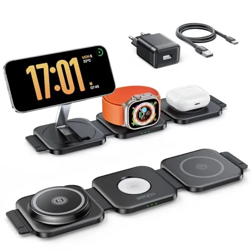 in 1 Faltbare Ladestation für iPhone/iWatch/AirPods, Mag Safe Ladegerät | Reise-Ladestation for iPhone 17 16 15/Apple Watch/AirPods, 3 Geräte Gleichzeitig Laden, Ohne Kabelchaos für Zuhause, Büro 3