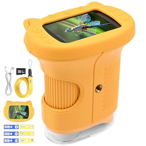 Vankarr Mikroskop für Kinder 1000X 4K Digitales Mikroskop für Kinder mit 1080P HD 2,4″ IPS-Display & 8 LED, 1080P HD Tragbares Mikroskops,USB-aufladbar,Science Draussen ab 3 Jahren (Orange)