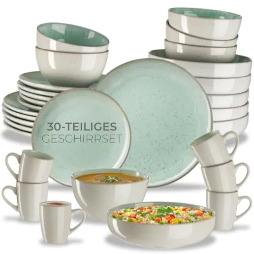 tectake® 30tlg. Kombiservice 6 Personen, Steingut Geschirrset 6 Personen, handgefertigtes Teller Set mit Schüsseln und Tassen, Geschirr Set spülmaschinen- und mikrowellengeeignet - Mid Sea