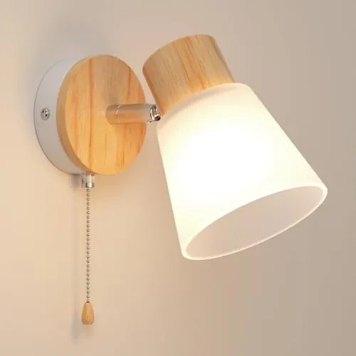 Martll Wandleuchte mit Schalter Innen E27 Wandlampe Holz Vintage Retro LED Lampe mit Glas Lampenschirm für Wohnzimmer,Schlafzimmer,Wandbeleuchtung Nachtlicht (1 Stück)