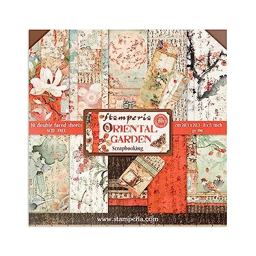 Stamperia handicraft paper block with patterns for scrapbooks, albums, bullet journals and more craft paper colorful for hobbies and as a gift (Oriental Garden) (20.3 x 20.3 cm)