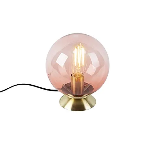 Qazqa Art Deco Tischlampe Pallon mit rosa Glas und Messing - Elegante Tischlampe im Art Deco Stil mit kugelförmigem Design. Ideal für Wohnzimmer und Schlafzimmer, dimmbar und geeignet für E27 LED-Leuchtmittel. Verleiht jedem Raum einen Hauch von Luxus.