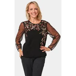 GOLDNER Langarmshirt Glanzshirt mit Paillettenstickerei Blusenshirt mit Blättermuster, Rundhals, Gummibund und 3/4-Arm schwarz 40