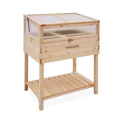 Alice's Garden Holz Gemüsebeet mit Gewächshaus - Gartengewächshaus 2-in-1: Hochbeet auf Pfosten mit abnehmbarem Gewächshaus für optimalen Obst- und Gemüseanbau auf Ihrem Balkon.