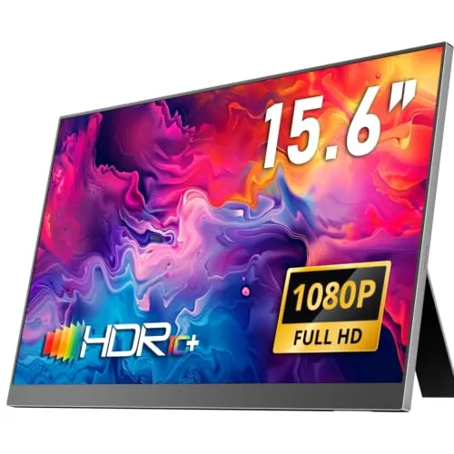 Yodoit Portable Monitor, 15,6 Zoll, 1920 × 1080, Tragbarer FHD Bildschirm, IPS Display mit Ständer, USB-Typ-C-Anschluss und integrierten Lautsprechern, kompatibel mit PC, Laptop