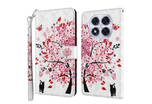 CLM-Tech Handytasche für Xiaomi Redmi Note 14 PRO 5G Hülle aus PU-Leder Klapphülle (Baum rosa weiß, Handyhülle mit Standfunktion - Wallet Flip Case inklusive Kartenfächer), Cover mit Magnetverschluss für Xiaomi Redmi Note 14 Pro 5G / 4G
