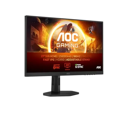 AOC Gaming Q27G4XF - 27 Zoll QHD Monitor mit 180 Hz und 0.5 ms Reaktionszeit - Gaming Monitor mit HDR10 für lebendige Farben, AMD FreeSync Premium für ruckelfreies Gameplay und ergonomisches Design für mehr Komfort beim Zocken.