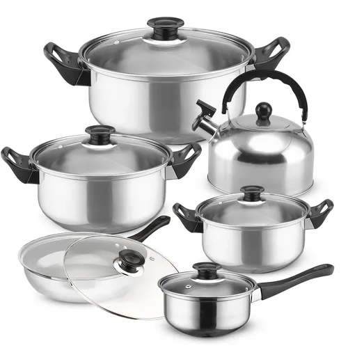 Retoo 12-teiliges Kochtopfset aus Edelstahl - Kochtöpfe mit Glasdeckel für alle Herdarten, ergonomische Griffe und spülmaschinengeeignet – ideal für komfortables Kochen und einfache Reinigung.