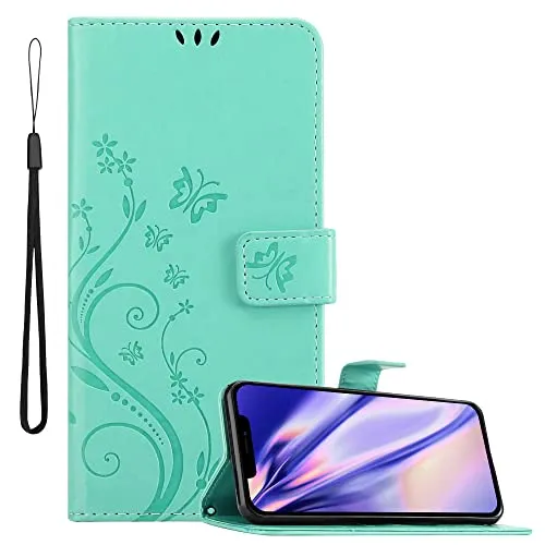Cadorabo Hülle kompatibel mit Apple iPhone 13 Blumen Design aus Premium Kunst Leder Flip Klappbare Stoßfeste Magnetische [Standfunktion] [Kartenfächern] Cover Hülle für iPhone 13 Tasche in Türkis