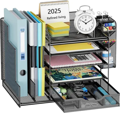 Schreibtisch Organizer mit Aktenhalter - Sonstige Büroutensilien – Maximale Aufbewahrung mit 5 Fächern, einer Schublade und einem hängenden Stifthalter für Ordnung und Effizienz im Büro oder Home Office.