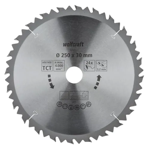 wolfcraft Tischkreissägeblatt HM - 6740000 - Ø 250 mm, 24 Zähne - Kreissägeblätter für schnelle, grobe Arbeiten an Holz und Spanplatten, ideal für Längs- und Querschnitte mit langlebigem Hartmetall und optimaler Schnittqualität.