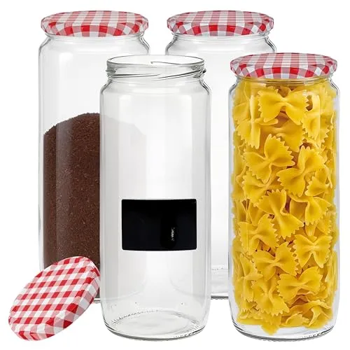 mikken 4er Set Vorratsglas 1,1 Liter mit Schraubverschluss, Einmachglas, Glasdose inkl. Beschriftungsetiketten