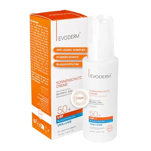 EVODERM Sonnencreme LSF 50+ – Wasserbasierte Sonnenschutzcreme mit UVA/UVB-Schutz & Blaulichtfilter, Matrixyl 3000, Vitamin E, Aloe Vera, ohne Parabene & Mikroplastik – für unreine Haut – 100 ml