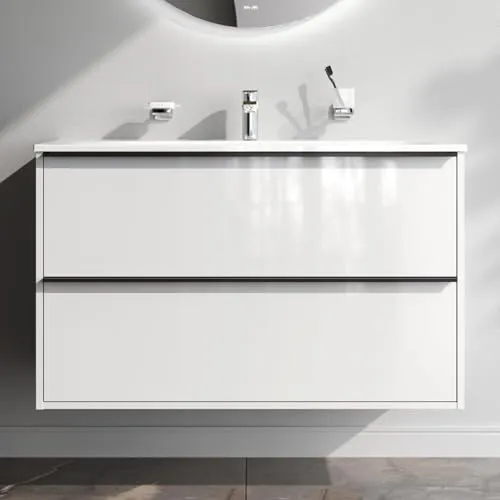 AM.PM Waschbeckenunterschrank Hängend mit Waschbecken, Badmöbel Set für Badezimmer & Gäste-WC, Waschtischunterschrank mit 2 Schubladen, 55 cm breit, Weiß glänzend, HIT (100 x 60 cm)