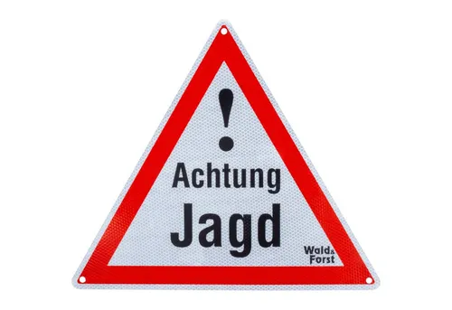 Wald & Forst Warnschild Achtung Jagd - Hinweisschild aus robustem 1,5 mm Aluminium, reflektierend und ideal zur sicheren Kennzeichnung von Jagdgebieten. Maße 50x44 cm, einfache Montage durch vorgebohrte Löcher.