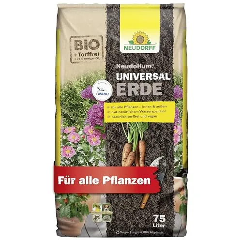 Neudorff NeudoHum UniversalErde - Torffreie Bio-Erde für gesunde Pflanzen - Torffreie Bio-Erde für Balkon, Garten und Zimmerpflanzen, empfohlen von NABU. Fördert gesundes Wachstum mit langanhaltender Nährstoffversorgung und hoher Wasserspeicherfähigkeit.