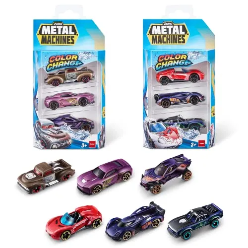 Metal Machines Farbwechselauto Serie 4, Mini-Die-Cast-Auto 6er-Pack von ZURU, Rennwagen zum Sammeln für Jungen, Spielzeugauto im Maßstab 1:64 (6er-Pack), Stile können variieren