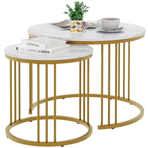 Couchtisch Rund, Satztisch 2er Set, Wohnzimmertisch, Couchtisch aus Holz, Beistelltisch Set, Sofatisch für Wohnzimmer, Schlafzimmer, Büro, Balkon, Gold Metallgestell und Weiß Marmor Tischplatte